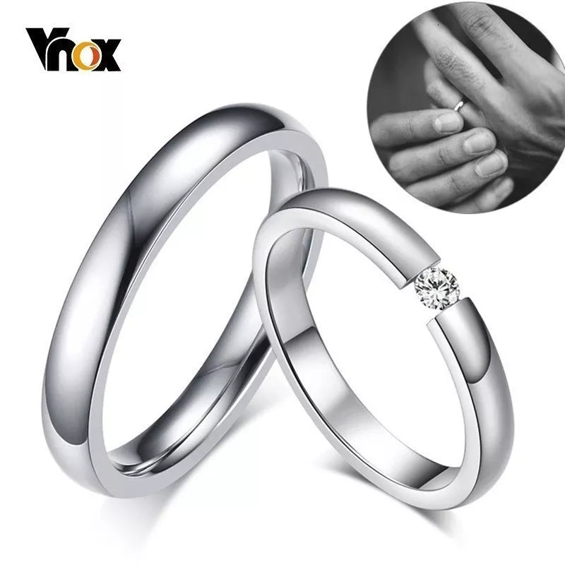 Anéis de Casamento Vnox 3mm em Aço Inoxidável para Homens e Mulheres - Não Desbotam - Anéis de Noivado com Pedra de Zircônia Cúbica